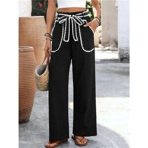 Crochet Trim Tie Waist Wide Leg Pants